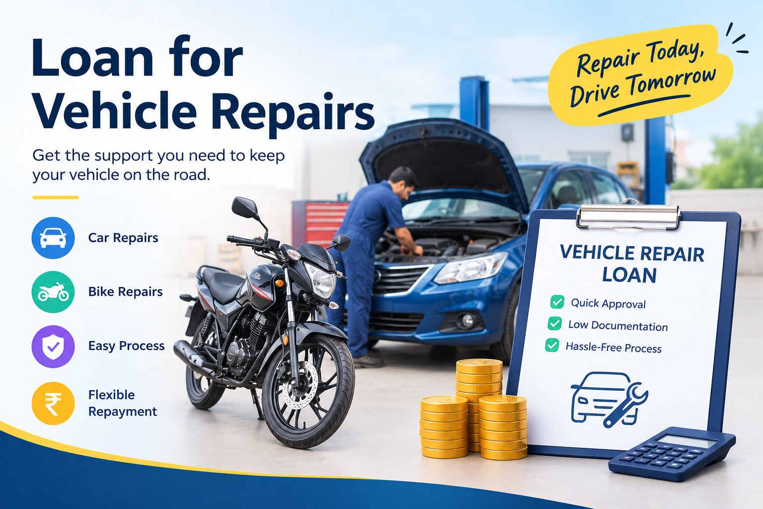 Loan for vehicle repairs in India showing car and bike repair support, vehicle repair loan, quick approval, low documentation, and flexible repayment options.